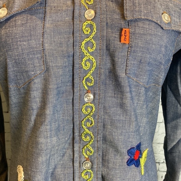 Levi’s Embroidered Chambray Shirt Vintage 70s S Hippie Western Cowboy Rockabilly - Picture 5 of 16